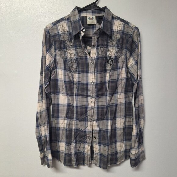 Harley Davidson Plaid Snap Up Down Fringe Embroidered Mens Small Motorcycle Club - Picture 1 of 11